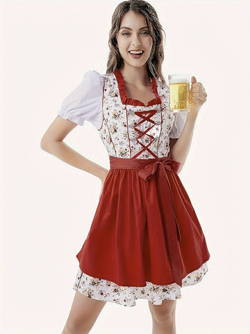 Karina - Stijlvolle Herfst Rode Dirndl met Bloemenpatroon en Schort voor Vrouwen