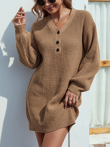 Jazmin - Chique Herfst Caramel Mini Sweater Jurk met V-Hals voor Vrouwen