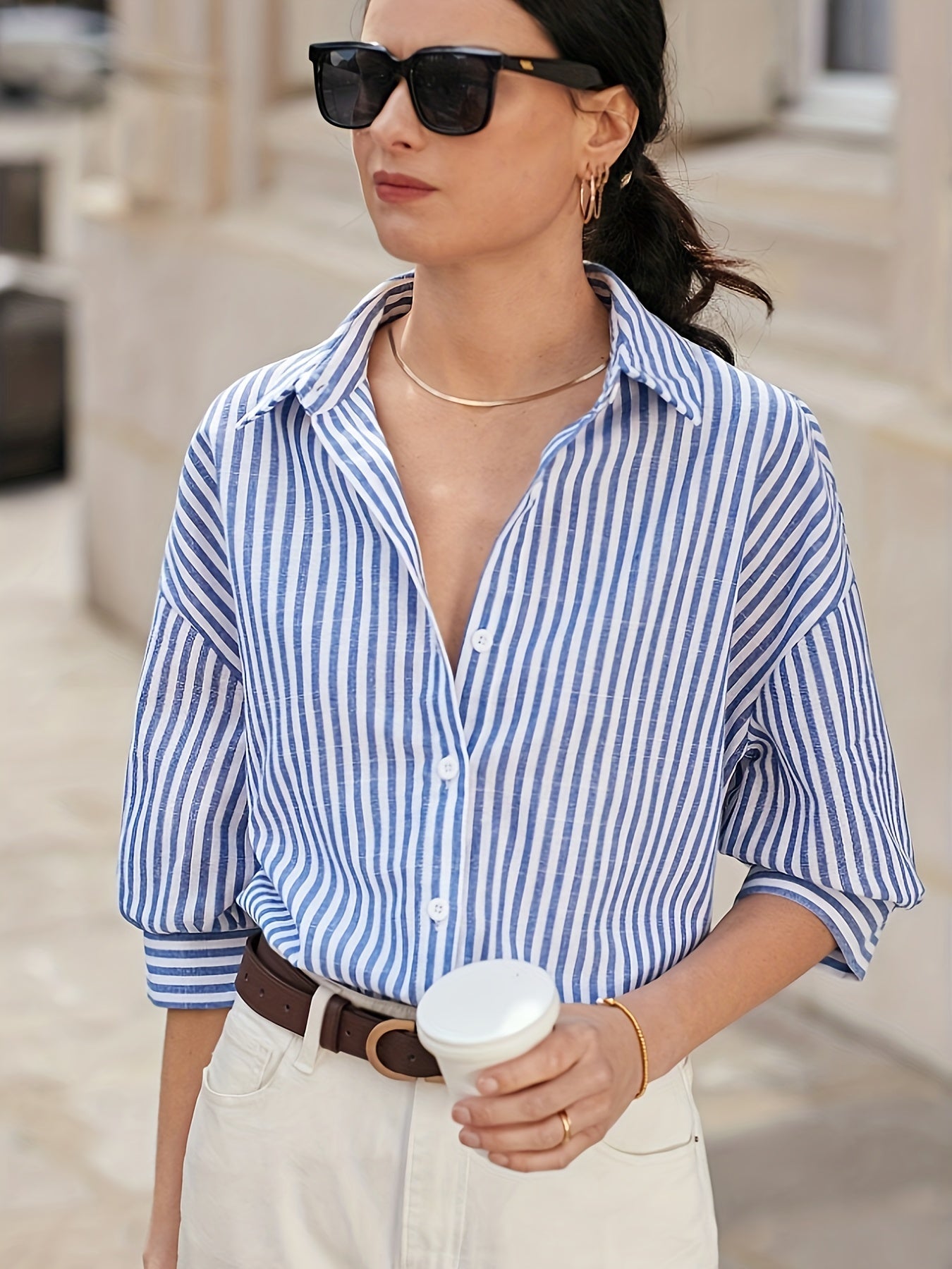 Clara - Blauw en Wit Gestreept Shirt voor Vrouwen