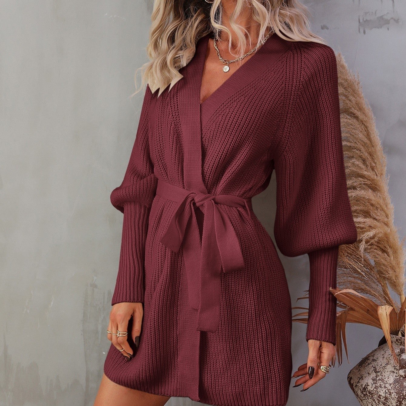 Maren - Chique Herfst Lantern Mouw Wrap Gebreide Jurk voor Vrouwen