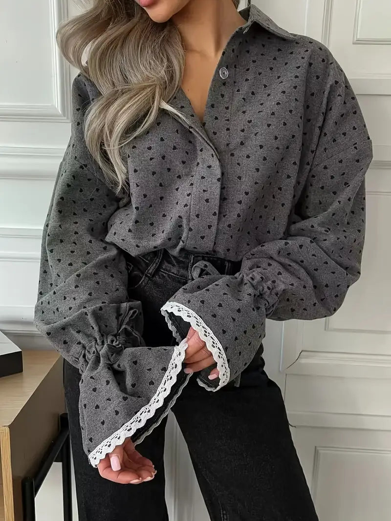 Addison - Stijlvolle Herfst Chique Donkergrijs Hart Shirt voor Vrouwen