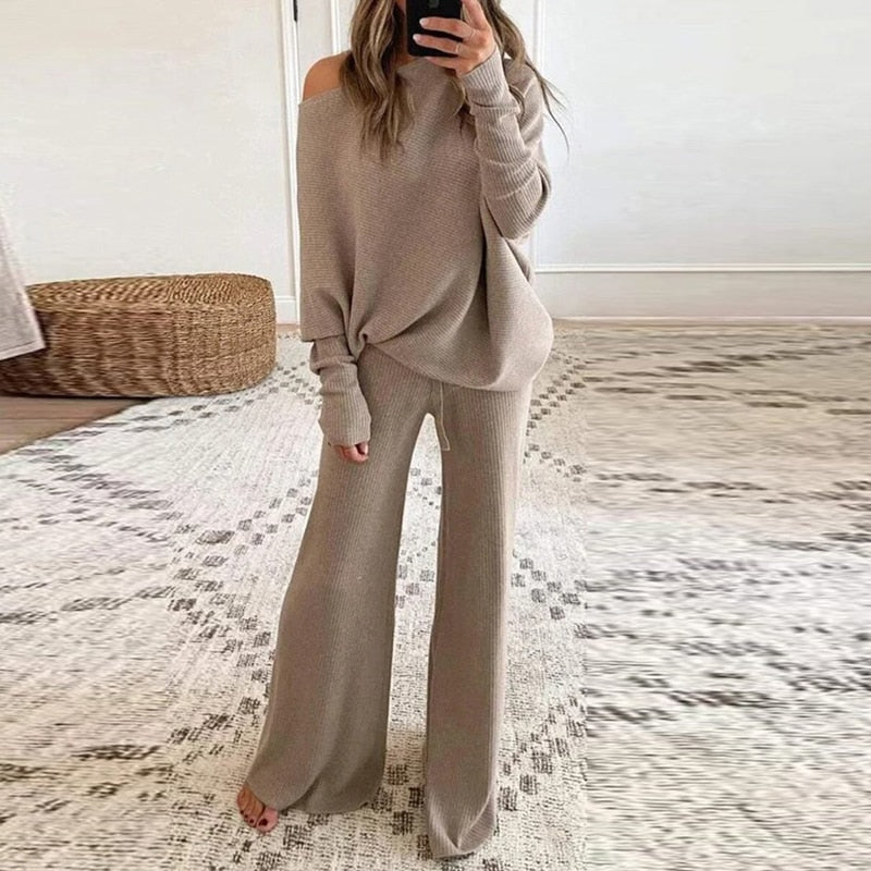 Adele - Chique Herfst One Off Shoulder Trui en Losse Broek Set voor Vrouwen