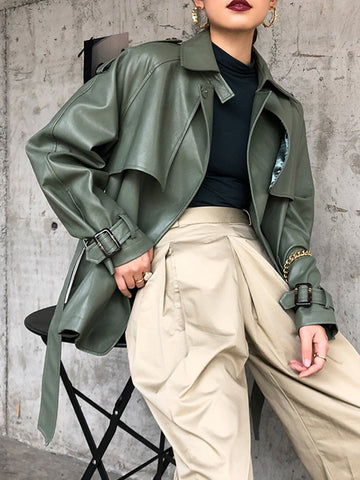 Irene - Stijlvolle Groene Herfst Leren Jas met Riem voor Vrouwen