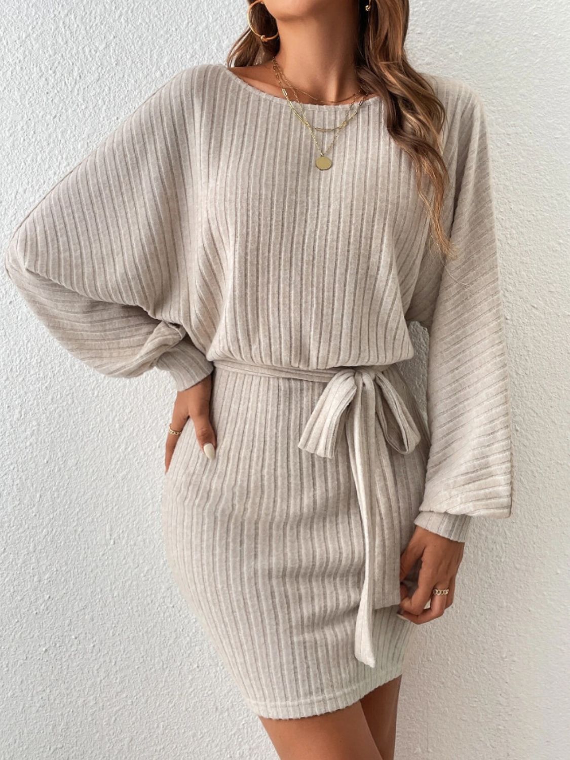 Jaylah - Chique Herfst Khaki Mini Jurk met Tailleband voor Vrouwen